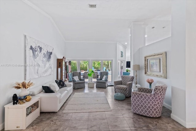 living room with crown molding and high vaulted ceiling