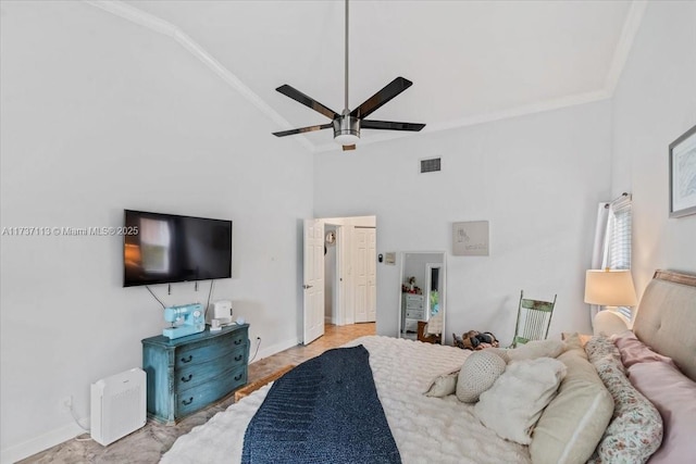 bedroom with crown molding, ceiling fan, and high vaulted ceiling