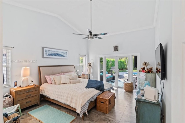 tiled bedroom with crown molding, ceiling fan, access to exterior, high vaulted ceiling, and french doors