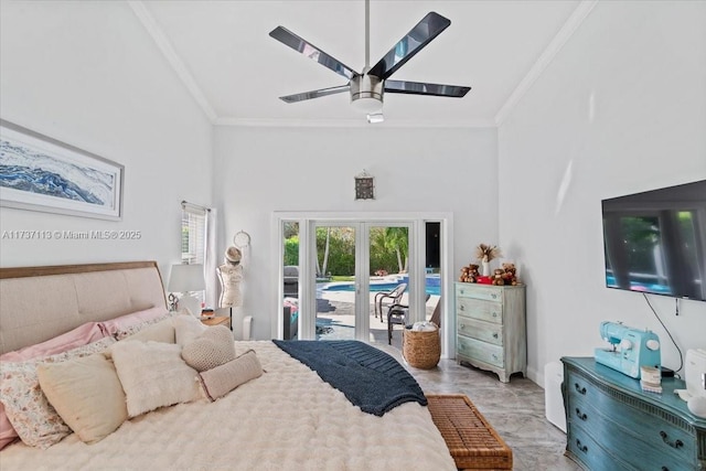 bedroom with crown molding, access to outside, ceiling fan, and french doors