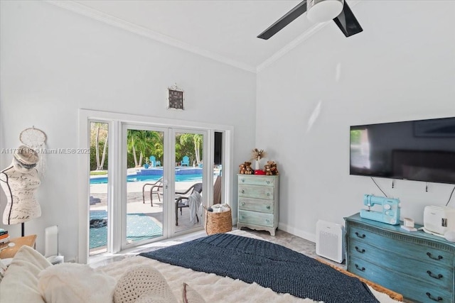 bedroom featuring french doors, crown molding, high vaulted ceiling, access to outside, and ceiling fan