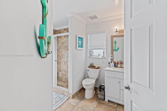 bathroom with walk in shower, toilet, ornamental molding, vanity, and tile patterned flooring