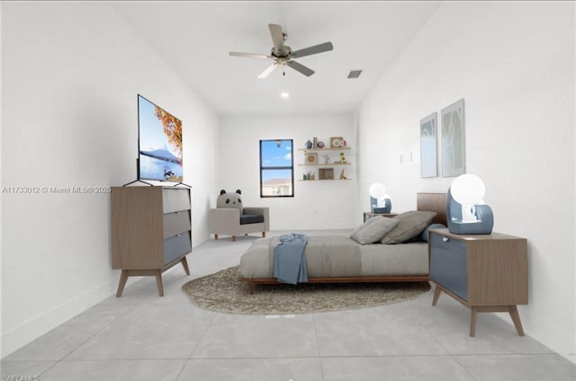 bedroom with a ceiling fan, visible vents, and baseboards