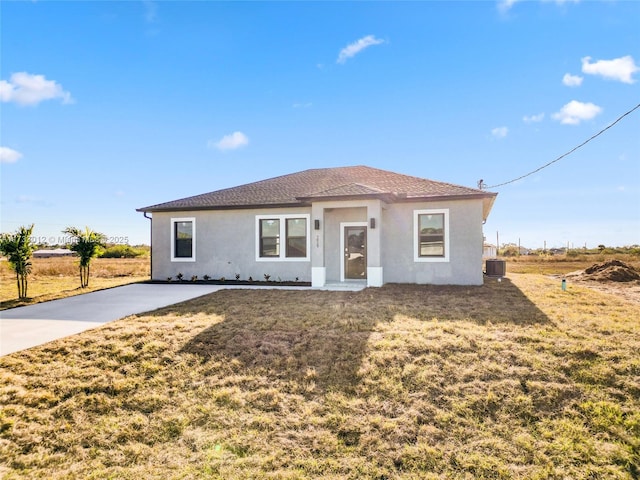 single story home with a front yard, central AC unit, and stucco siding