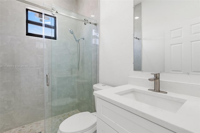 bathroom featuring toilet, a stall shower, and vanity