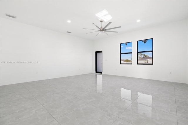 unfurnished room with recessed lighting, visible vents, and ceiling fan