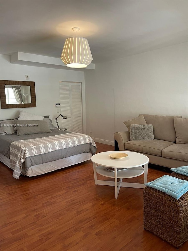 bedroom with hardwood / wood-style floors and a closet