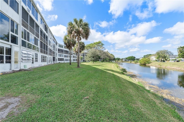 view of community featuring a water view and a yard