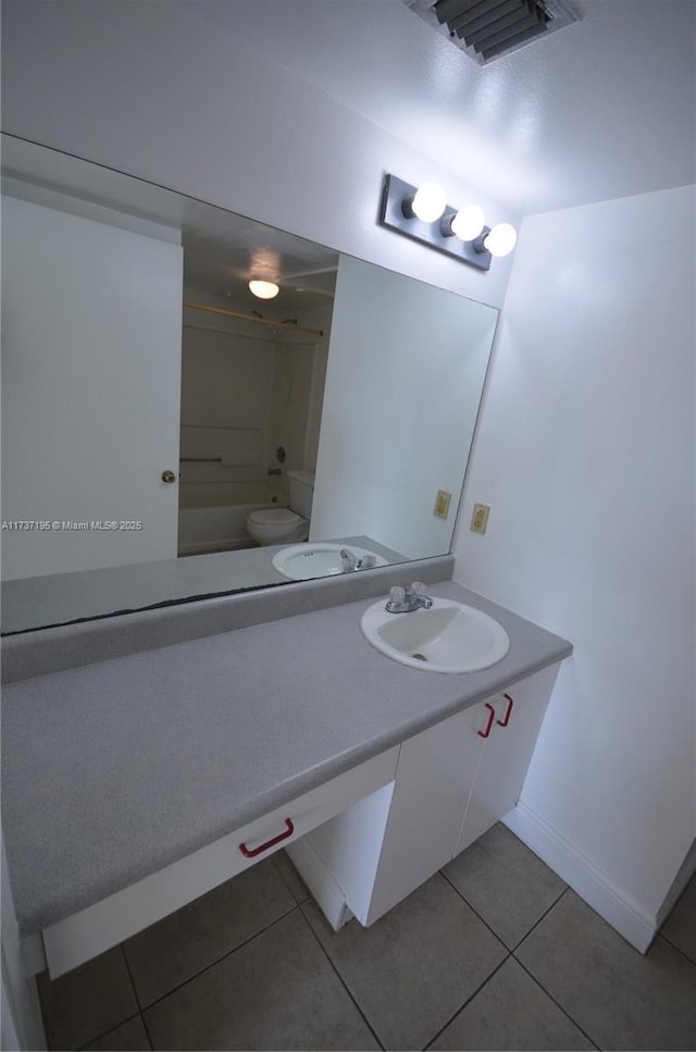 full bathroom with bathtub / shower combination, visible vents, toilet, vanity, and tile patterned flooring