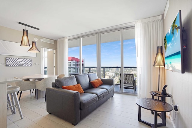 living room with floor to ceiling windows