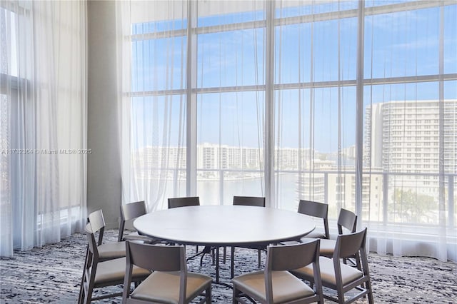 dining space featuring a water view, floor to ceiling windows, and plenty of natural light