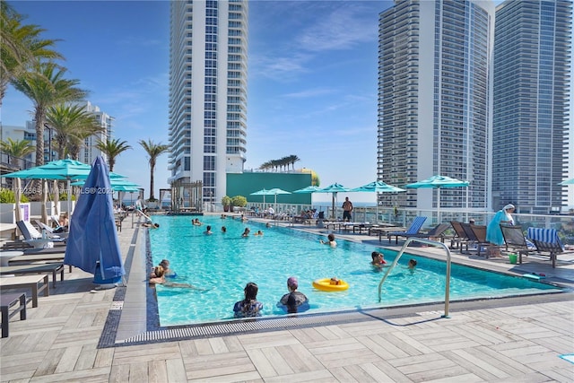 view of swimming pool with a patio