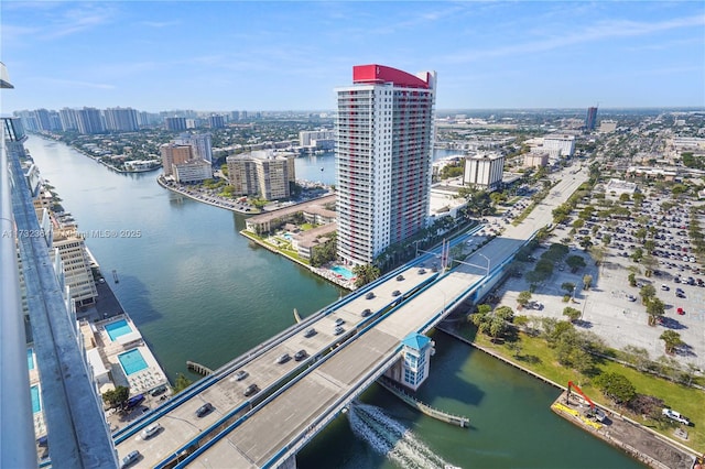 birds eye view of property featuring a water view