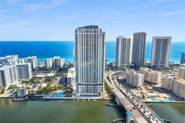 drone / aerial view featuring a water view