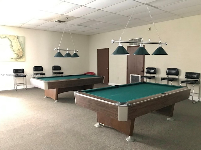 game room featuring a drop ceiling, pool table, and carpet