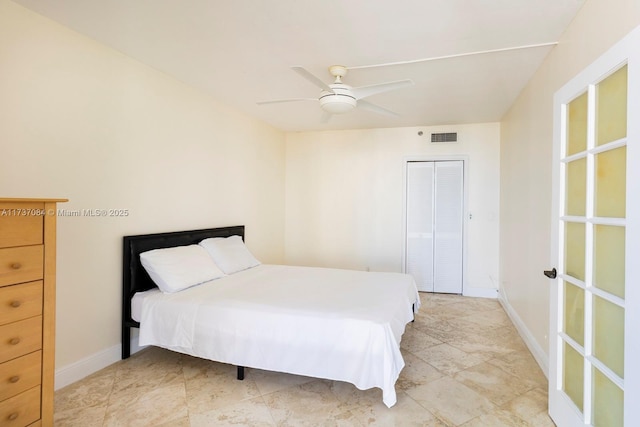 bedroom with ceiling fan and a closet