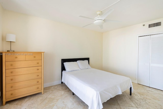 bedroom with ceiling fan and a closet