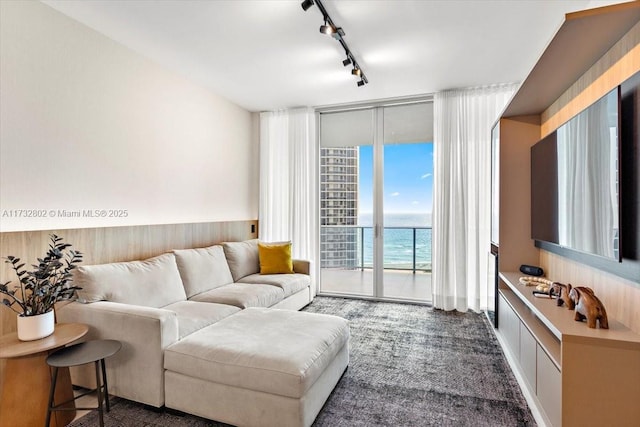 carpeted living room with rail lighting, a water view, and a wall of windows