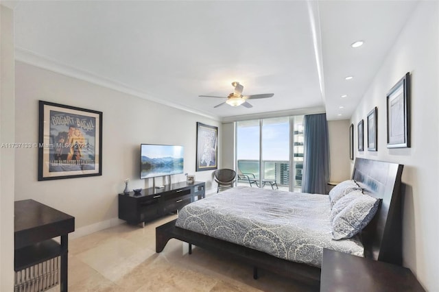 bedroom featuring crown molding, a wall of windows, and ceiling fan