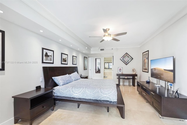 tiled bedroom with ornamental molding and ceiling fan