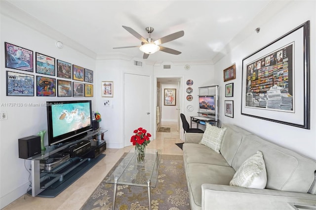 tiled living room featuring ceiling fan