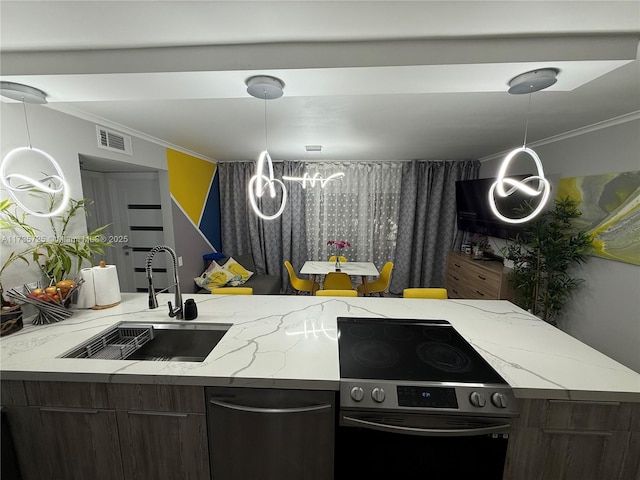 kitchen featuring light stone counters, sink, ornamental molding, and stainless steel electric range oven