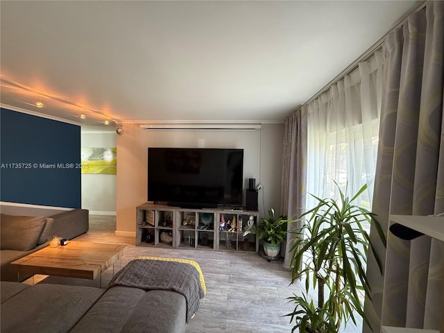 living room featuring crown molding