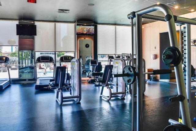 workout area with a wealth of natural light and a wall of windows