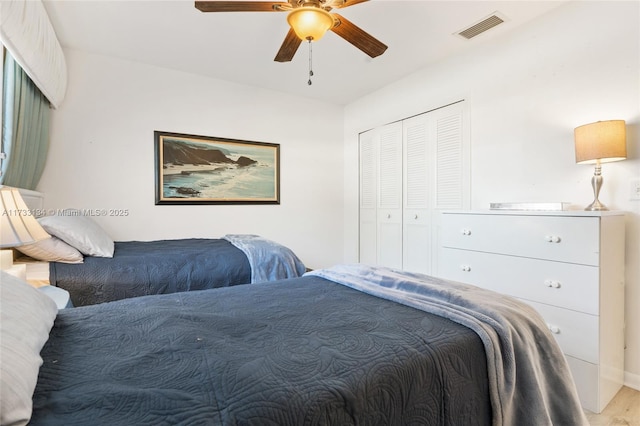 bedroom with ceiling fan and a closet