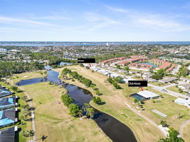 drone / aerial view featuring a water view