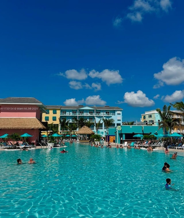 view of pool with a water view