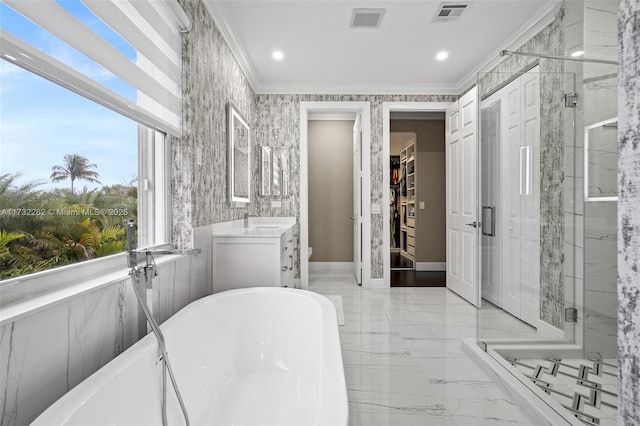 full bathroom featuring toilet, ornamental molding, shower with separate bathtub, and vanity