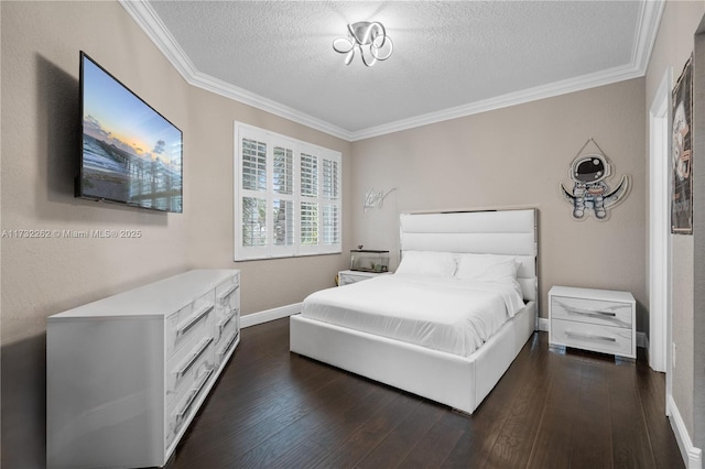 bedroom featuring crown molding, dark hardwood / wood-style floors, and a textured ceiling