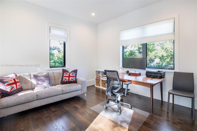 home office featuring dark hardwood / wood-style flooring