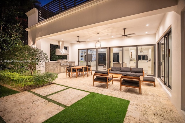 view of patio with ceiling fan, an outdoor kitchen, grilling area, and an outdoor hangout area