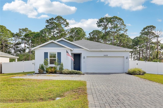 ranch-style home featuring a garage and a front lawn