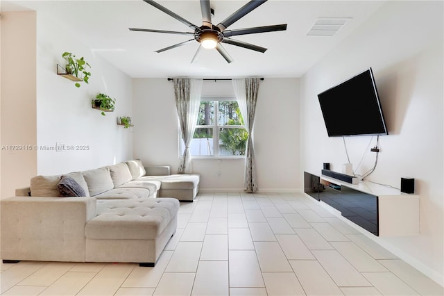 living room with ceiling fan