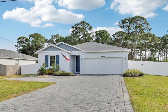 view of front of home with a garage and a front lawn