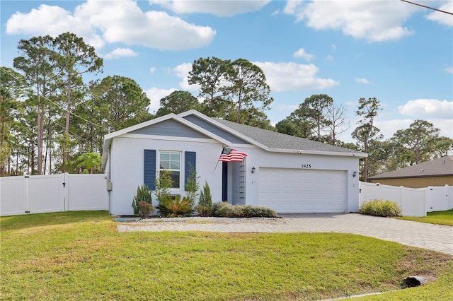 single story home featuring a garage and a front yard