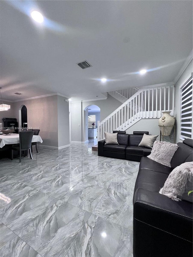 8654 W 33rd Ave, Hialeah, FL 33018 - living area with arched walkways, stairway, crown molding, baseboards, and recessed lighting