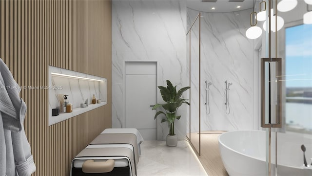 bathroom featuring tile walls and independent shower and bath