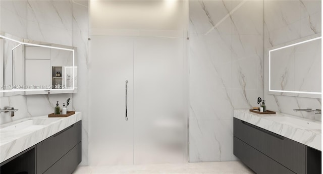 bathroom featuring decorative backsplash, vanity, and tile walls