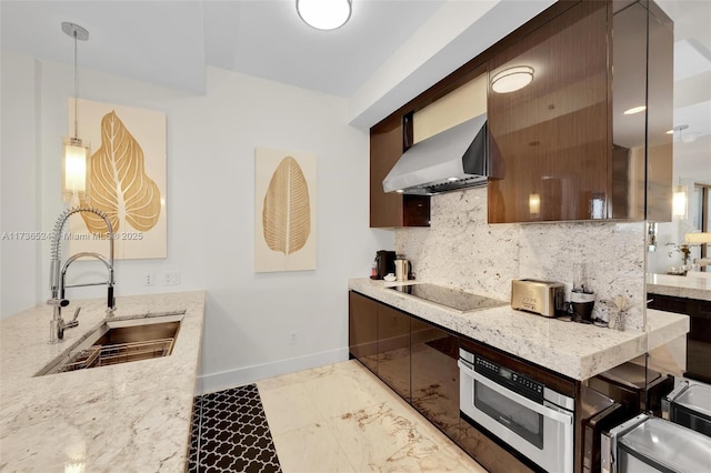 kitchen featuring sink, decorative backsplash, black electric stovetop, light stone counters, and wall chimney range hood