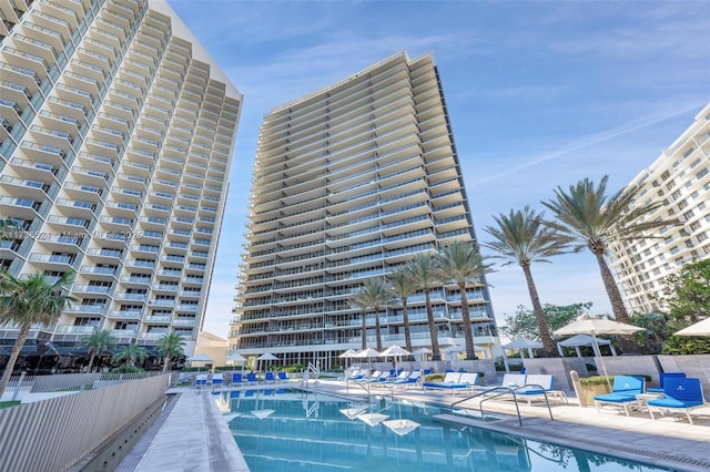 view of swimming pool featuring a patio area