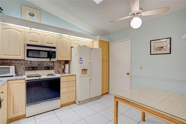 kitchen with range with electric cooktop, light tile patterned flooring, lofted ceiling, backsplash, and white refrigerator with ice dispenser