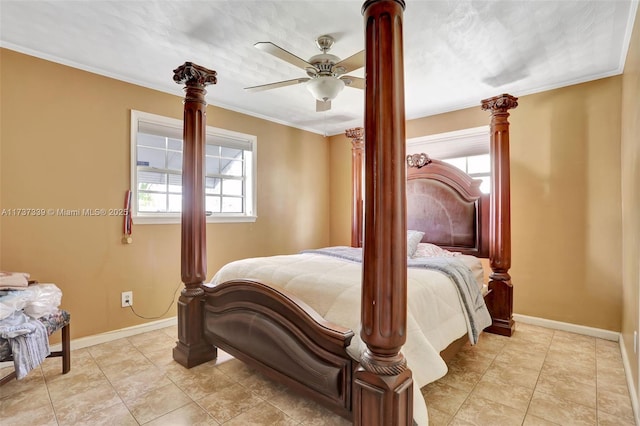 bedroom with ceiling fan, ornamental molding, and decorative columns