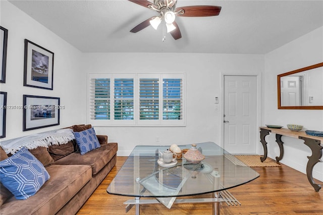 living room featuring hardwood / wood-style flooring and ceiling fan