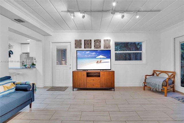 living room with ornamental molding and rail lighting