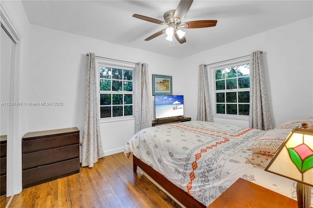 bedroom featuring wood-type flooring, a closet, and ceiling fan