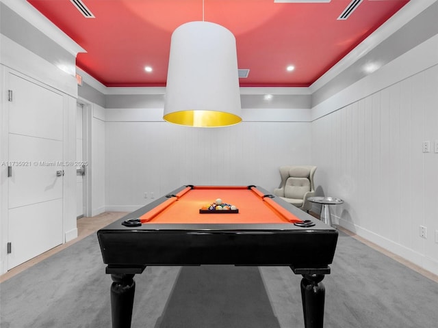 rec room with billiards and light carpet